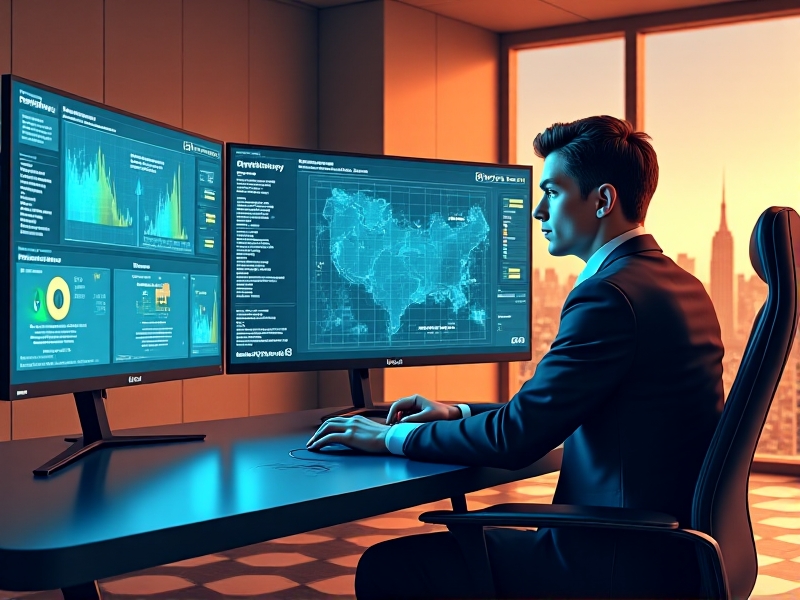 A digital marketer working on a laptop with multiple screens displaying analytics and social media campaigns, focusing on strategies to promote a cryotherapy franchise online.