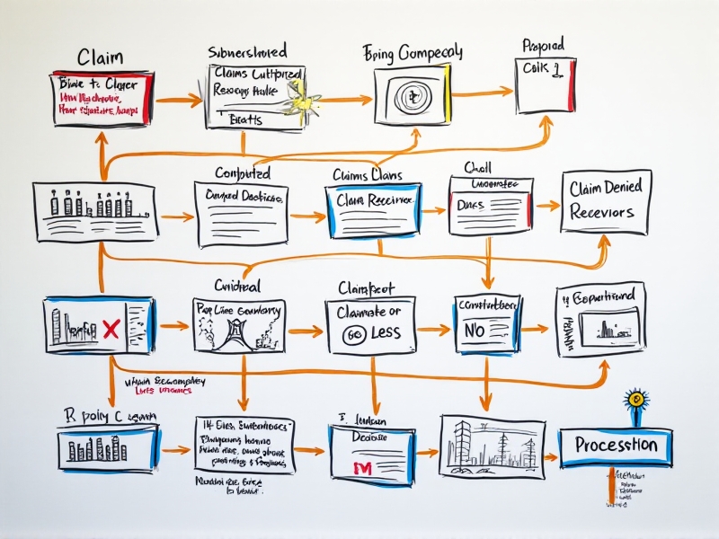 A flowchart on a whiteboard illustrating the steps of the insurance appeals process, from initial claim submission to final decision. The diagram is color-coded and includes key milestones, providing a clear visual guide.