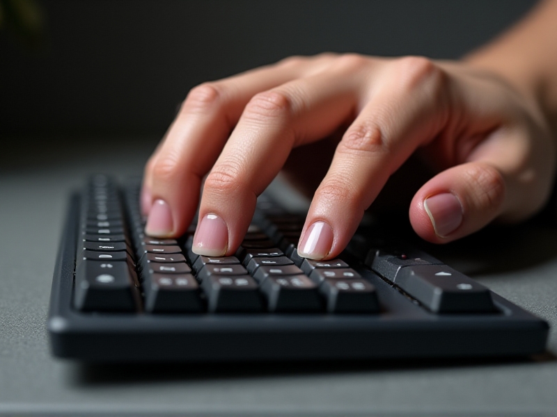 A close-up image of a hand typing on a mechanical keyboard with custom keycap profiles. The keycaps are sculpted to fit the natural curvature of the fingers, and the image highlights the ergonomic design with soft, diffused lighting. The background is a neutral gray, emphasizing the focus on the hand and keycaps.