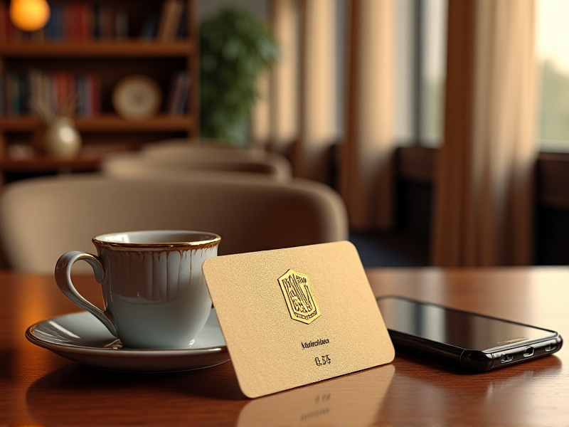 A vibrant image of a premium repair membership card with a sleek, modern design, placed on a table next to a smartphone and a cup of coffee. The background features a cozy café setting with soft lighting and a warm, inviting atmosphere.