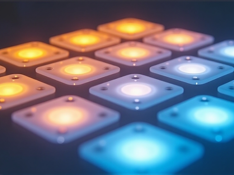 A close-up of an adaptive lighting system with glowing, adjustable LED panels. The lights transition smoothly from warm amber to cool blue, showcasing the technology’s ability to create diverse lighting environments tailored to individual needs.