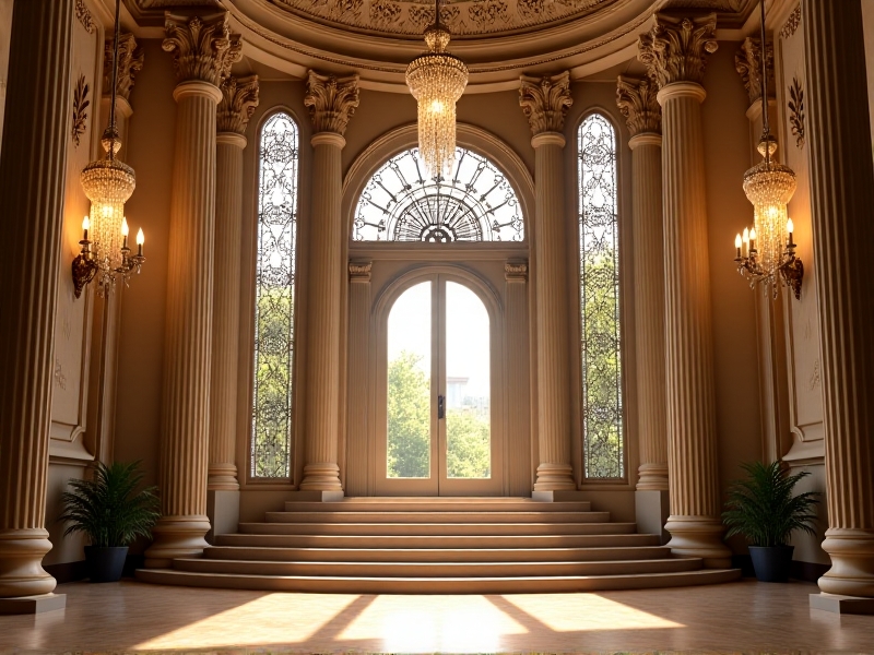 A grand entryway with a double-door design, high vaulted ceilings, and a wide staircase. The space is bathed in natural light, with soft beige walls and a polished wooden floor, exuding elegance and openness.