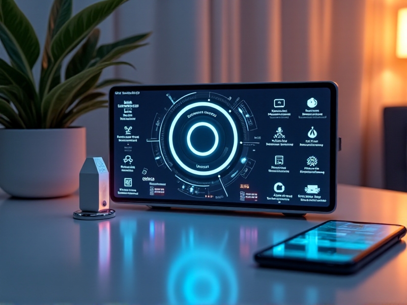 A futuristic control panel with glowing icons representing lighting, temperature, and sound settings. The panel is surrounded by sleek, modern devices such as a smart speaker, a thermostat, and a smartphone, all interconnected to create a cohesive smart home ecosystem.