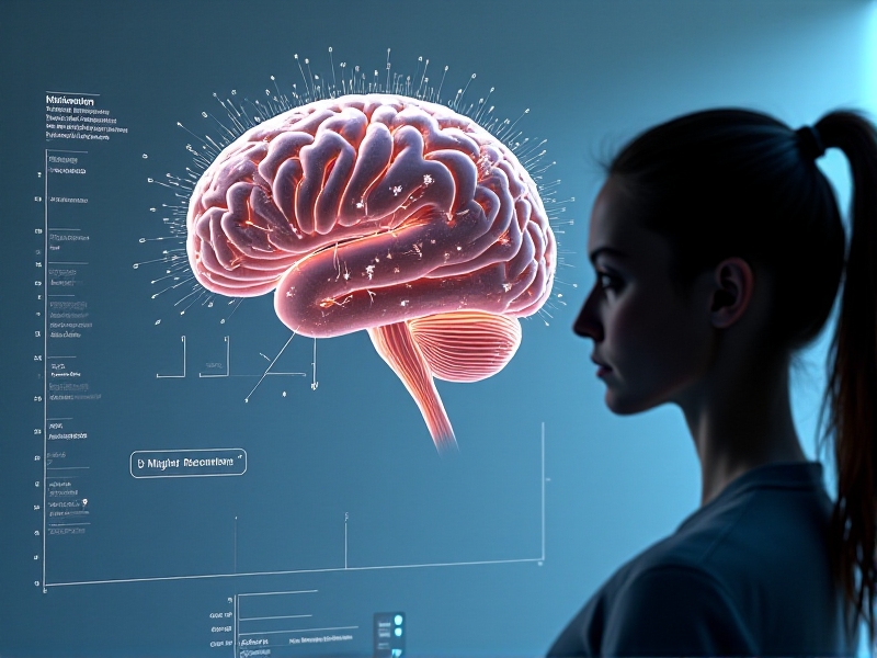 A detailed illustration of a brain with EEG electrodes attached, showing real-time brainwave activity and a graph displaying the feedback process, highlighting the scientific and technical aspects of neurofeedback.